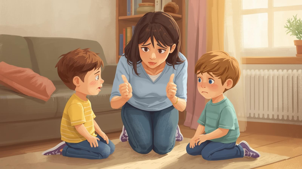 Parent calmly guiding two siblings through a disagreement at home using emotional coaching and supportive body language.