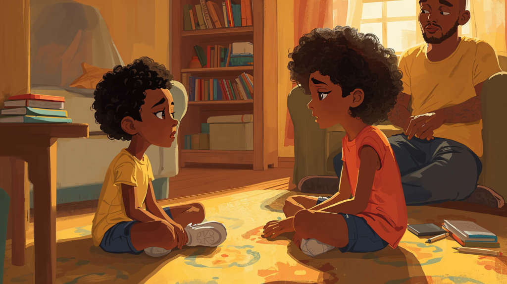 Two siblings sitting on a living room rug working through emotional conflict while a parent calmly supports nearby.