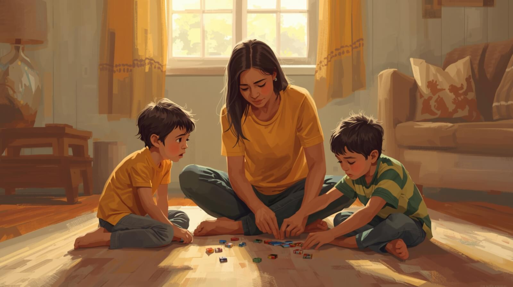 Parent supporting two siblings during a calm problem-solving moment at home, illustrating ADHD and sibling relationship dynamics.