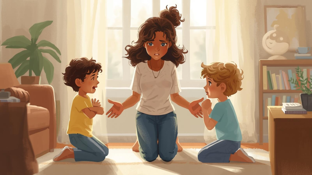 Parent calmly mediating between two siblings during a moment of oppositional behavior, modeling emotional regulation and fairness in a warm home setting.