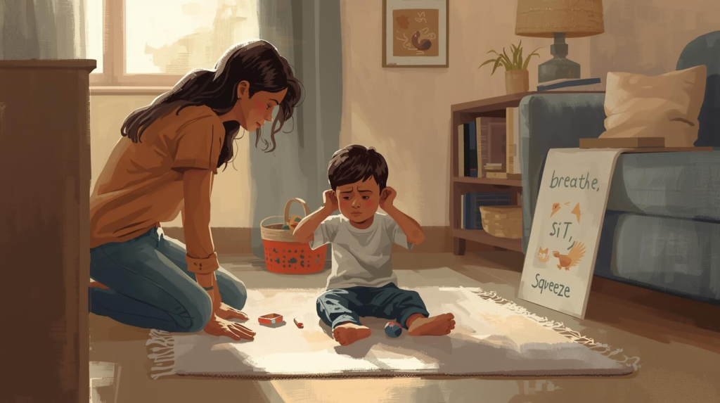 Parent developing family crisis plan for autistic child, including safety contacts and calming tools.