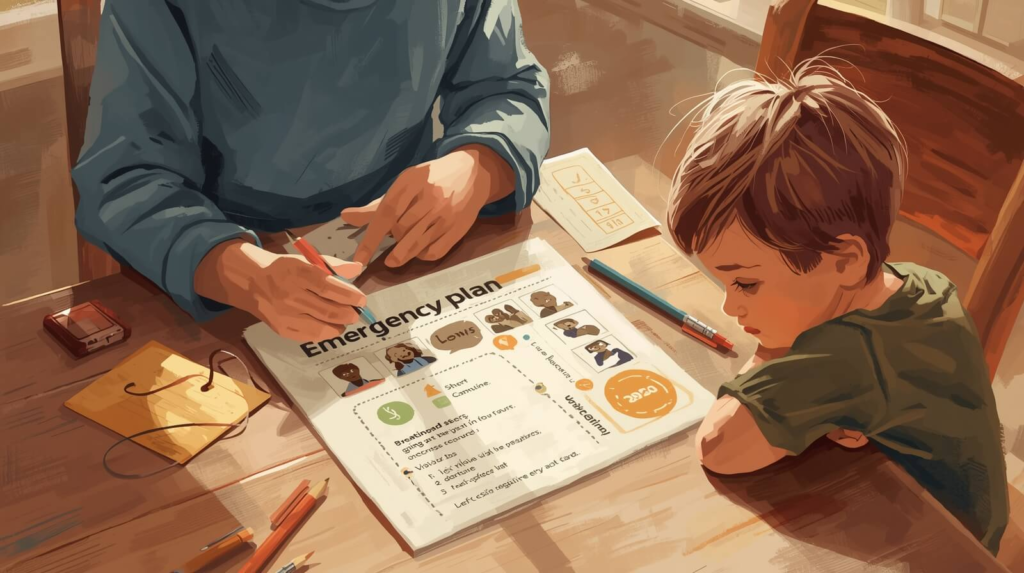 Parent reviewing an ADHD emergency plan with child at a kitchen table using visual supports and calming tools.