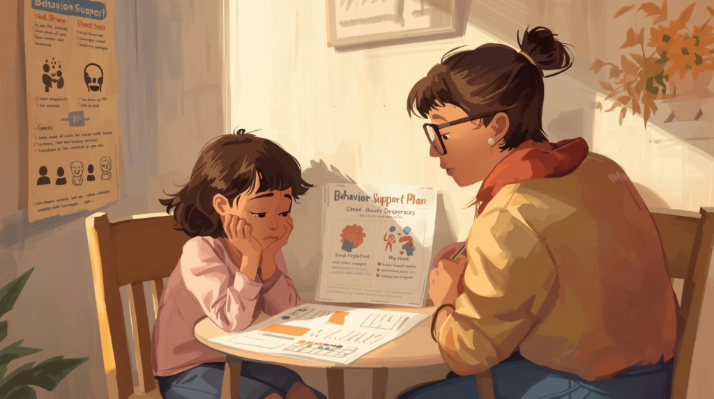 Parent reviewing an oppositional defiant disorder behavior plan with child using calm-down strategies and visual supports.