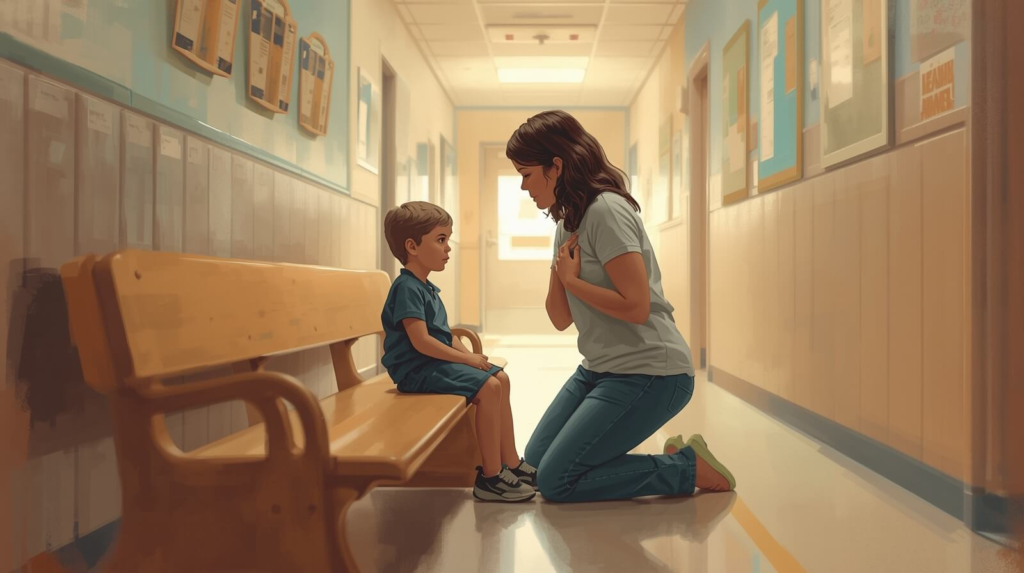 Parent calmly modeling slow breathing while supporting an anxious child during a school safety drill to prevent emotional shutdown.