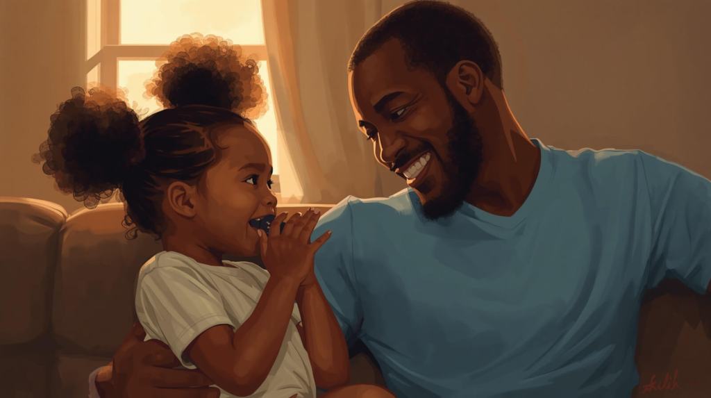Child using a communication device while parent responds with encouragement and pride.