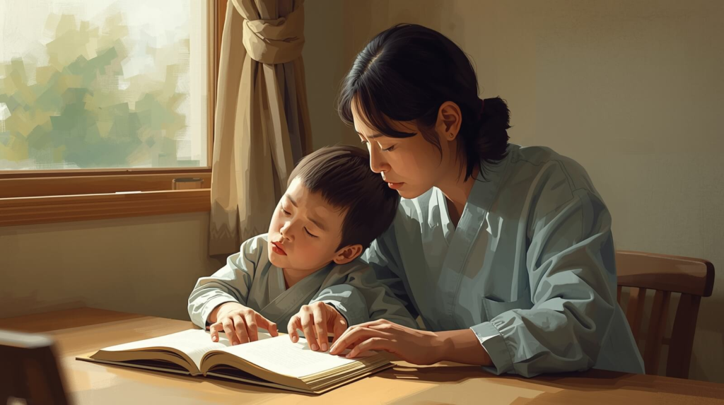 Child showing resistance during reading while parent stays calm and supportive