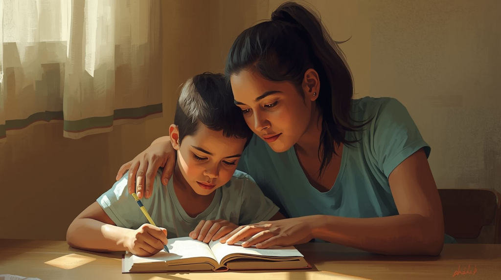 Child with learning disabilities working through reading with calm parental support