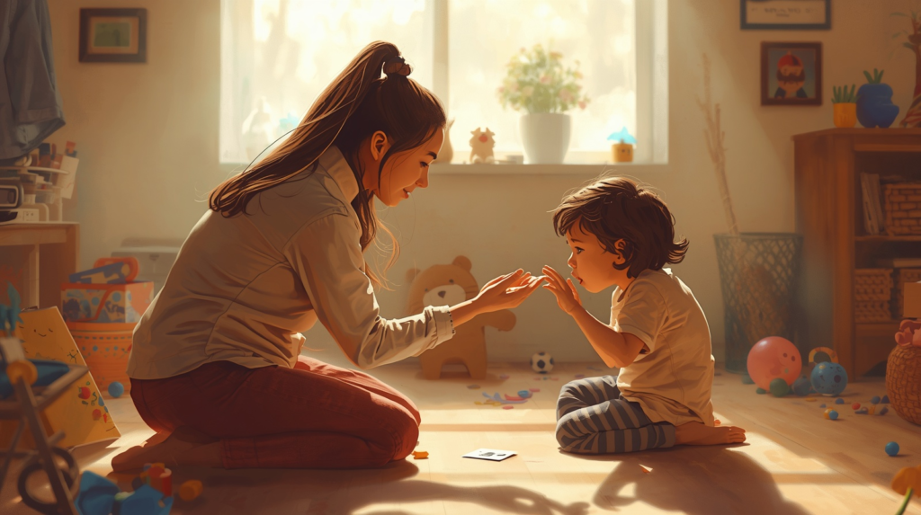 Parent calmly guiding a child with autism to use a communication card instead of challenging behavior during a moment of frustration at home.