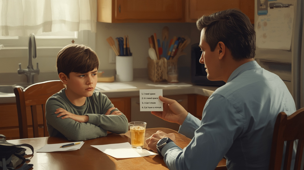 Parent helping a child with ODD use a calm communication choice card during a tense conversation.