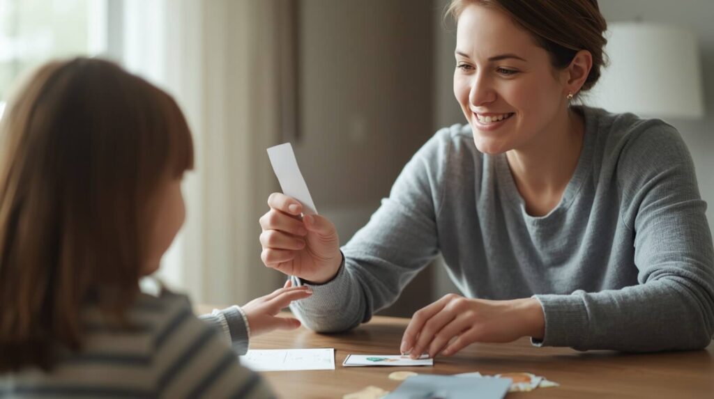 Parent reinforces a child after the child appropriately asks for help during an ABA home activity.