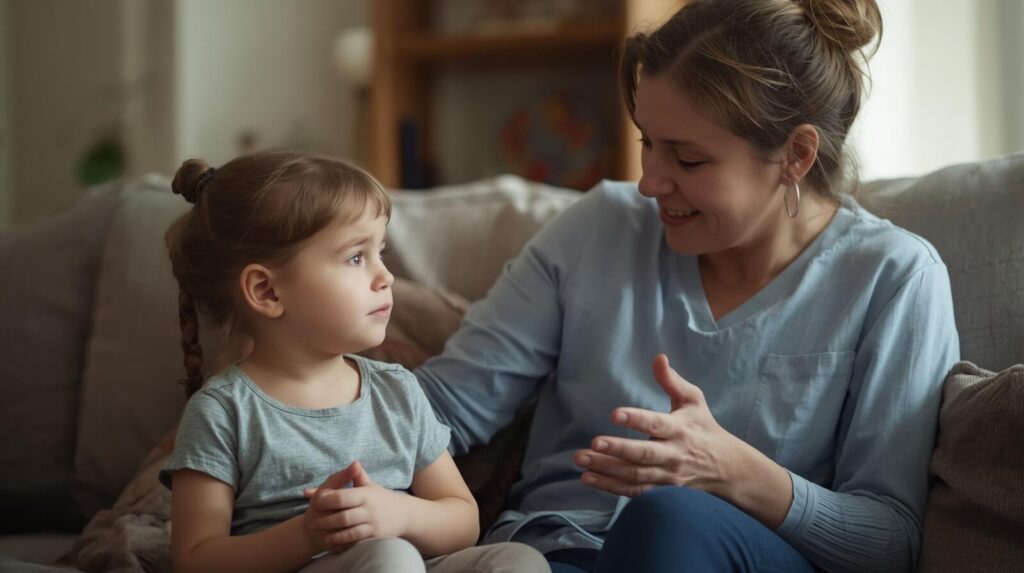 Parent calmly reinforces a child after the child uses communication and emotional regulation.