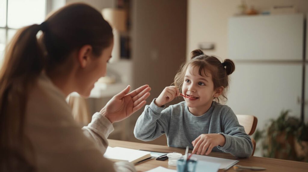 Parent uses praise during a daily routine to reinforce a child’s positive behavior at home.