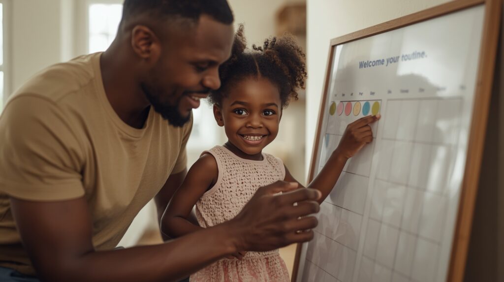 Parent and child use a sticker chart during a morning routine to build confidence and independence.
