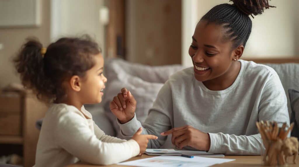 Parent using positive reinforcement with a child during a calm ABA-inspired home routine.
